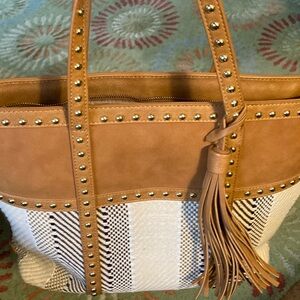 Tote-Charming Charli vegan,studded straps and woven material on one side